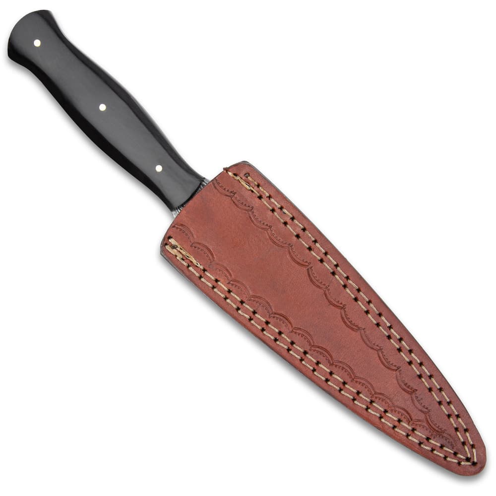 The 9” overall dagger can be conveniently carried at your side and stored in its genuine leather belt sheath image number 1