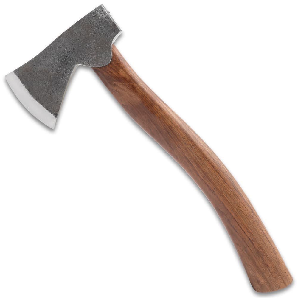 The axe has a curved wooden handle to support the head. image number 1