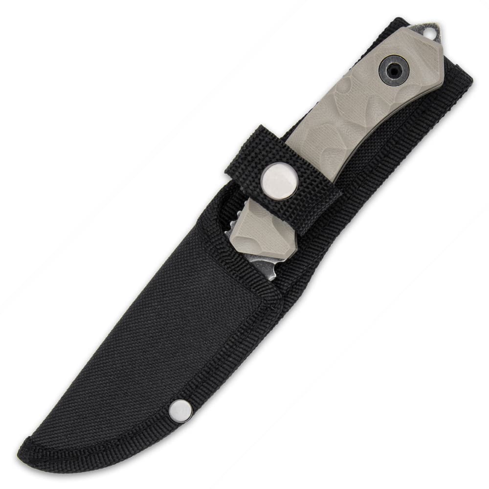 The 7 1/2” overall tactical knife can be carried in its tough nylon belt sheath and there is a lanyard hole in the extended tang image number 1