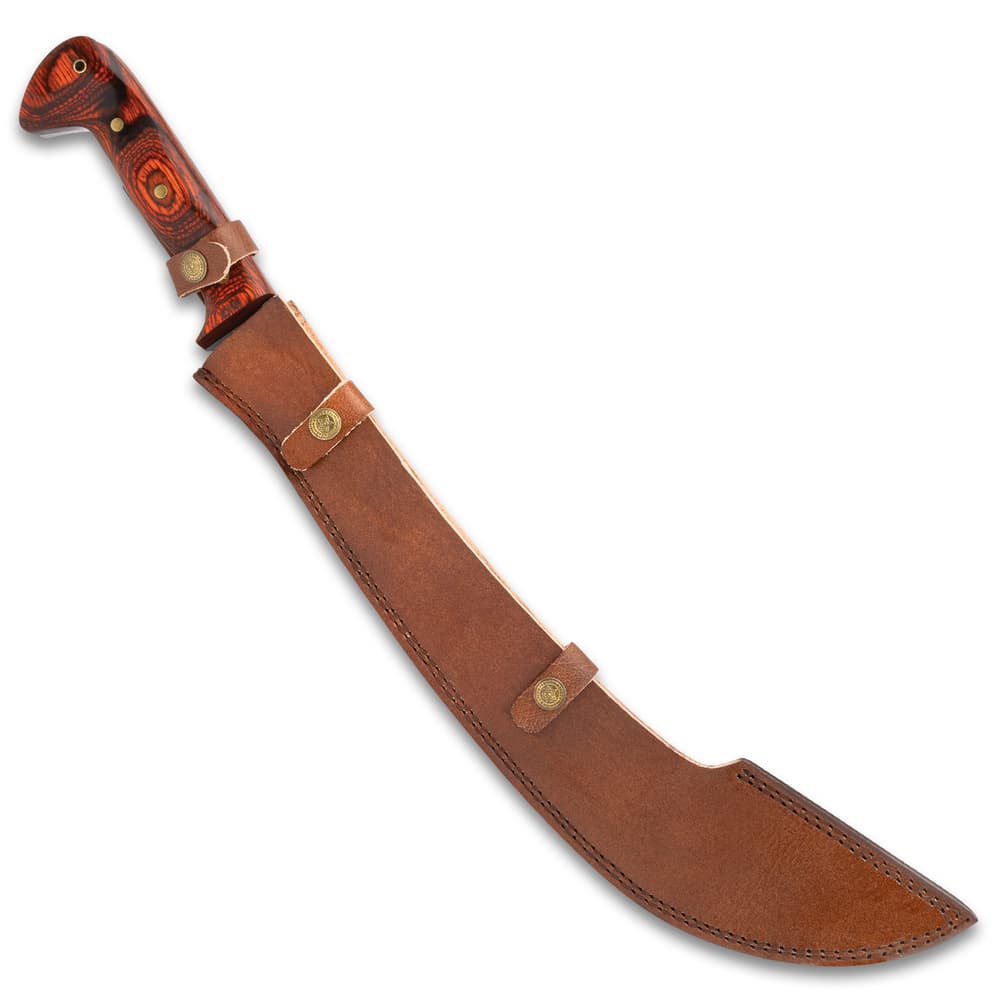 The Golok knife in its leather sheath image number 1