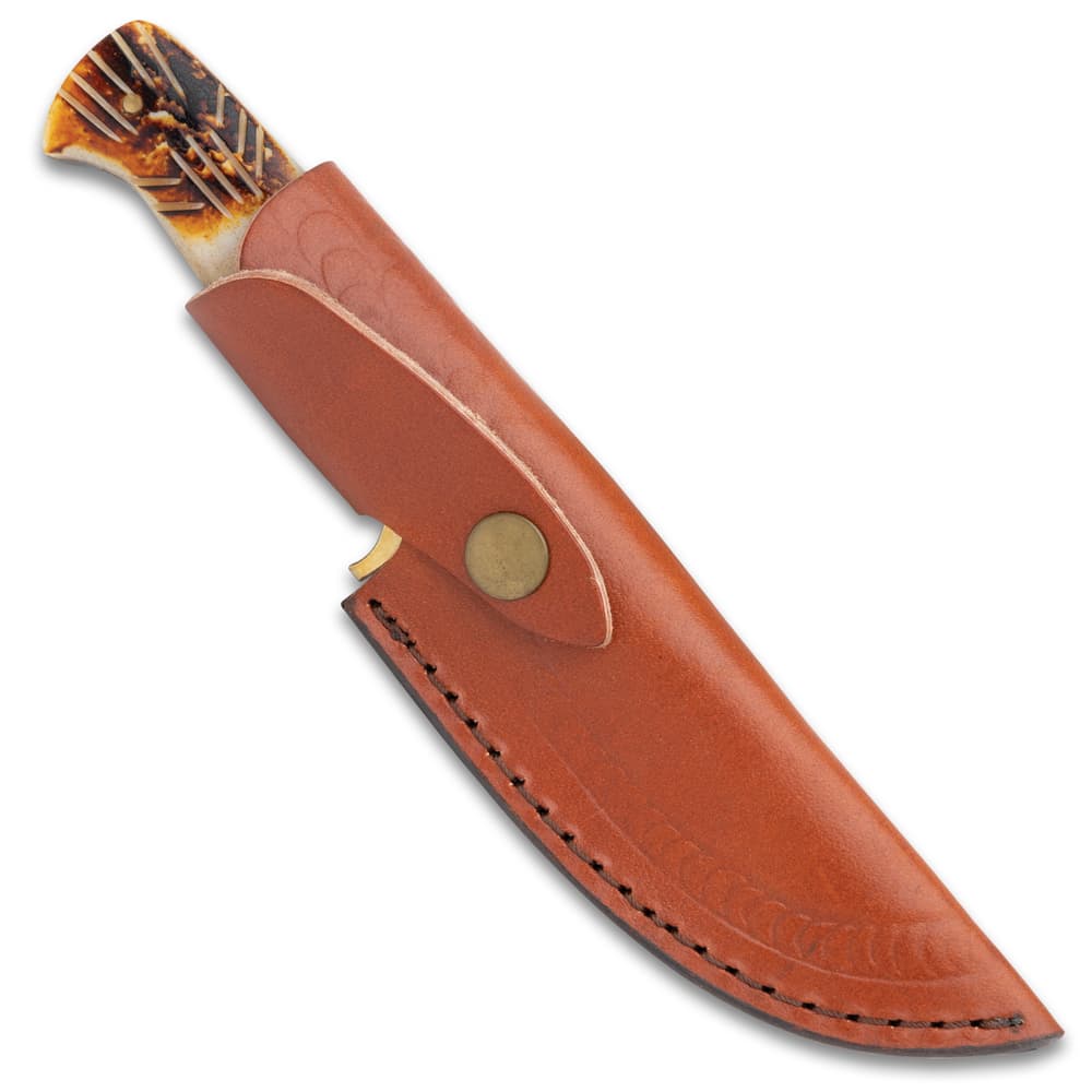The knife shown in its leather sheath image number 1