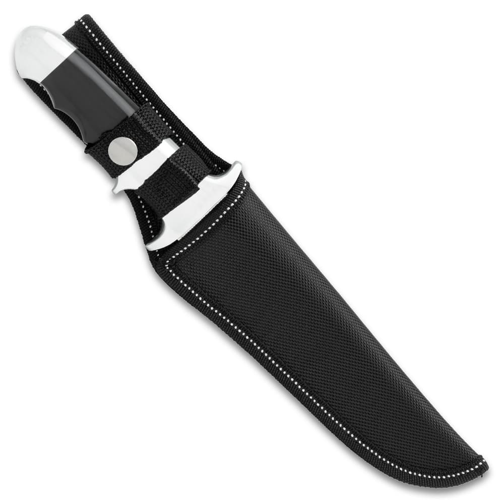 The fixed blade knife in its belt sheath image number 1