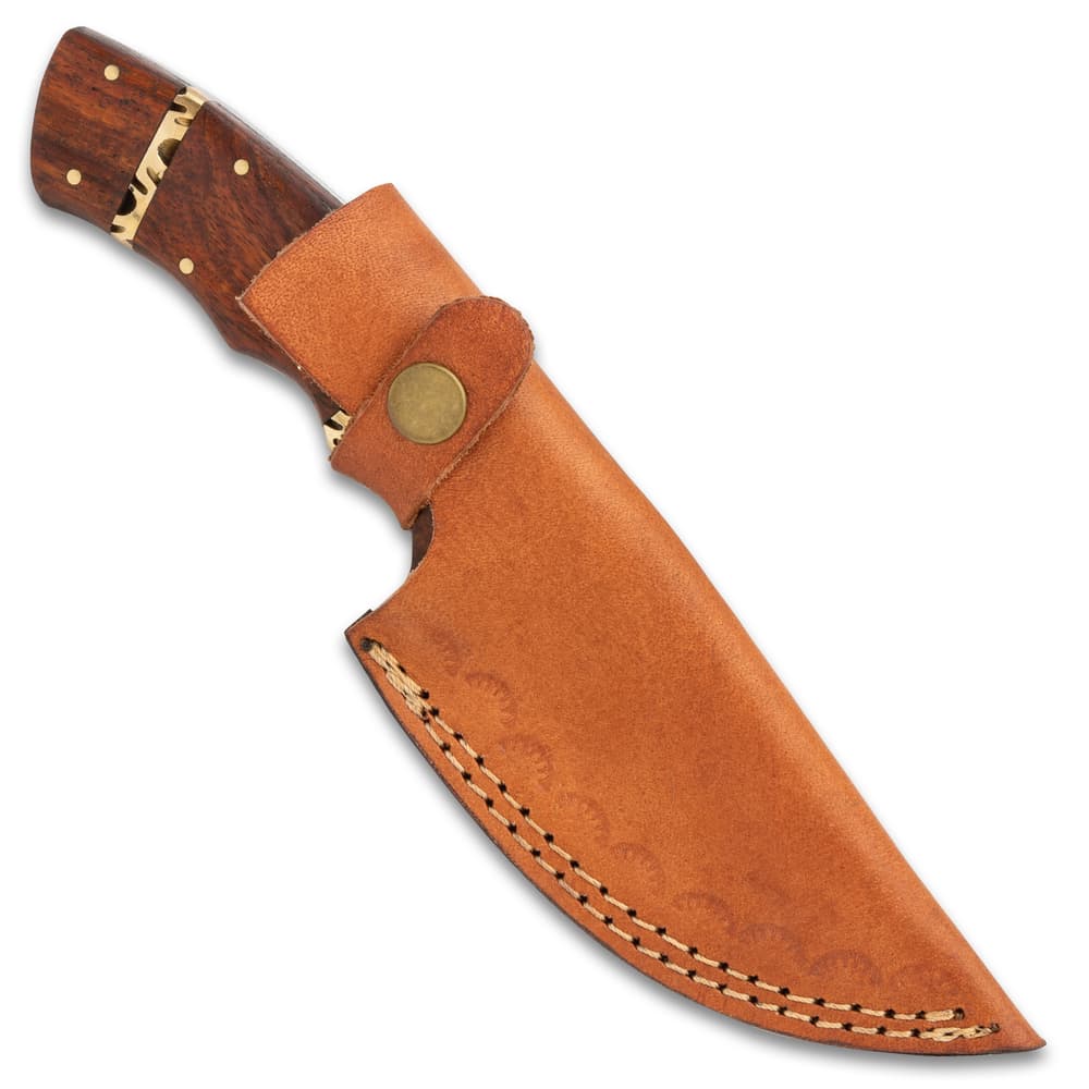 The knife in its leather sheath image number 1