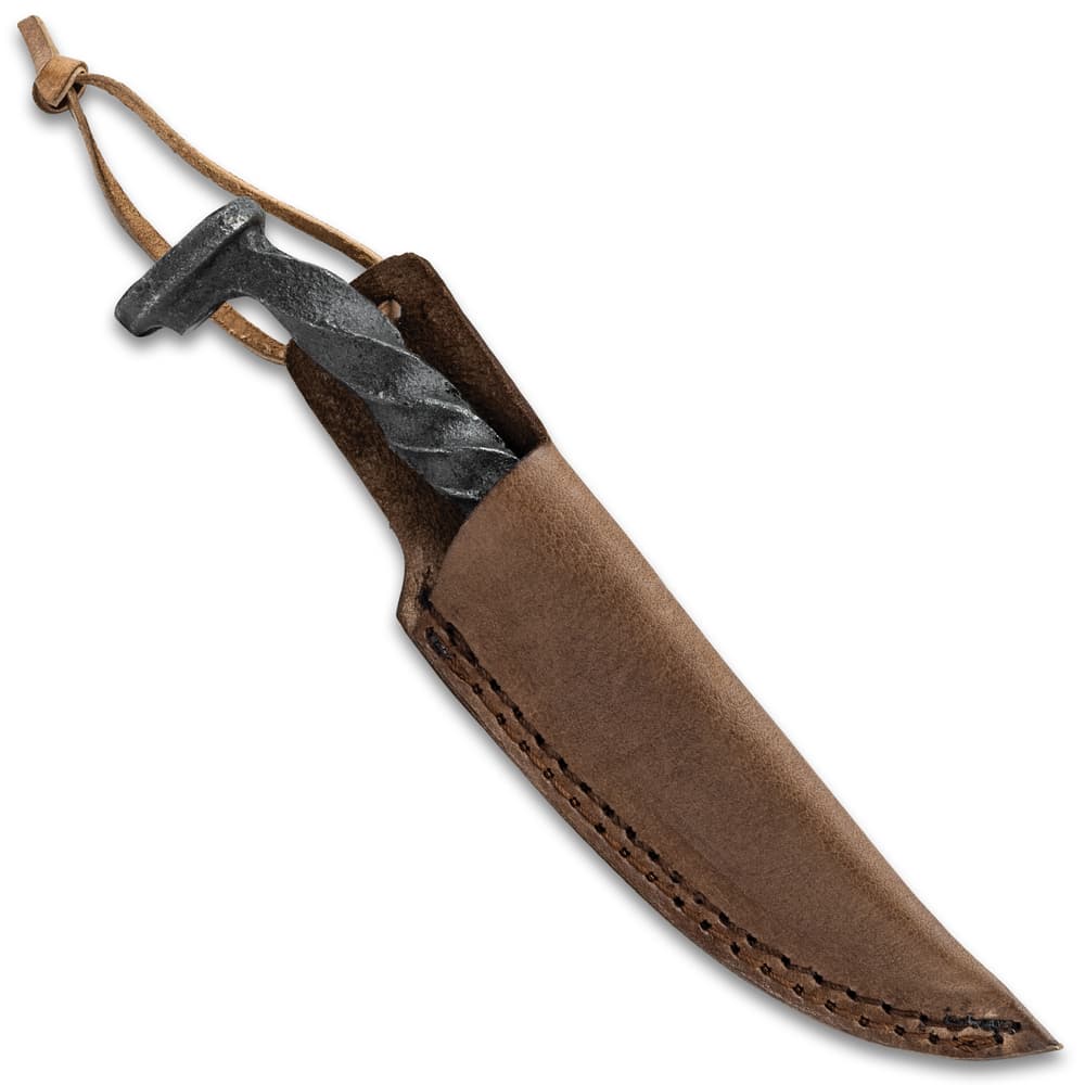 The hand-forged fixed blade stored in its sheath image number 1