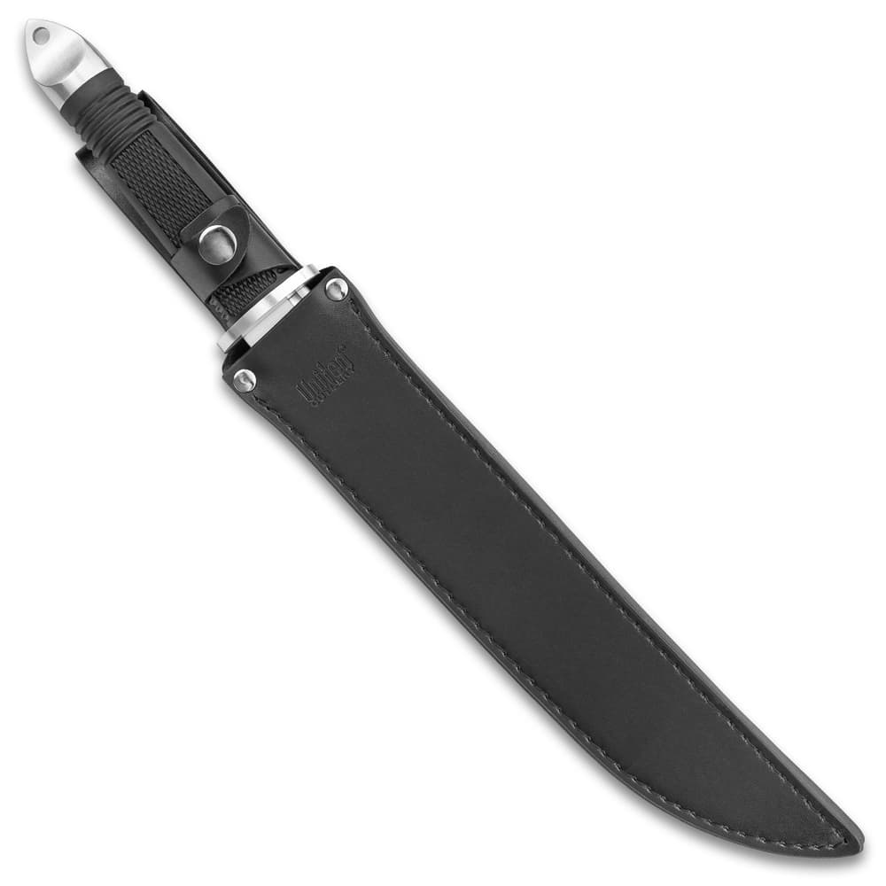This tanto knife has a premium black leather belt sheath that securer the knife with a strap. image number 1