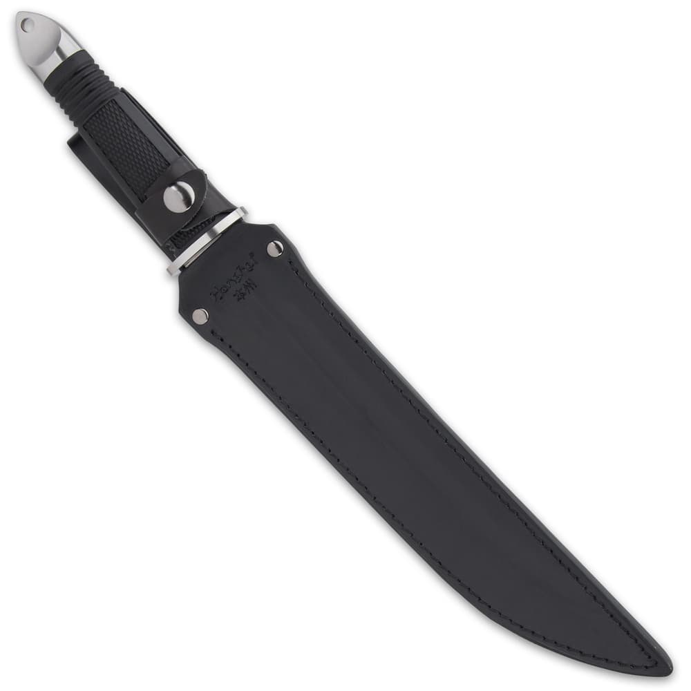 The 16 3/4” overall fixed blade can be carried and stored in its premium, black leather belt sheath image number 1