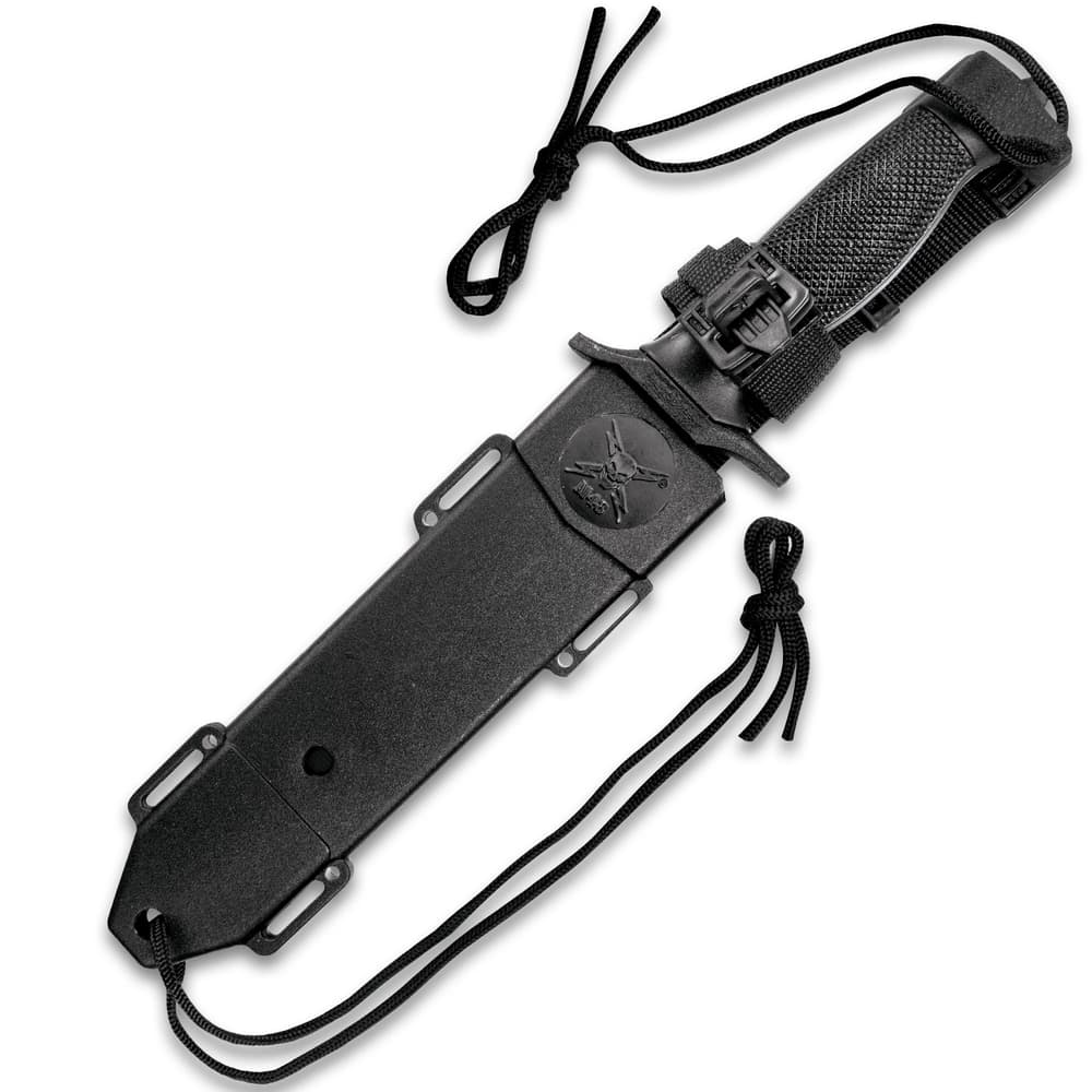 The knife is housed is a black reinforced multi-functional sheath with M48 logo and lanyard. image number 1