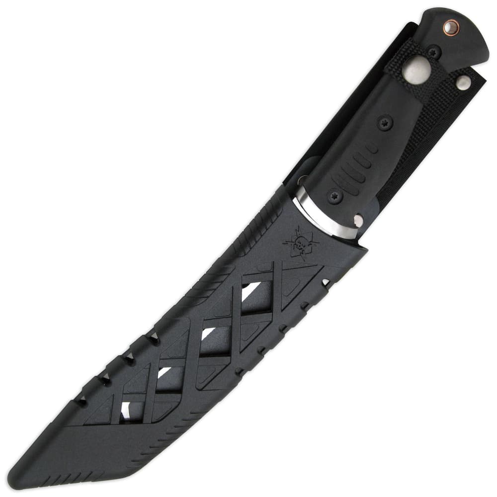 The knife is housed in a custom nylon belt sheath with a fitted Vortec blade cover. image number 1