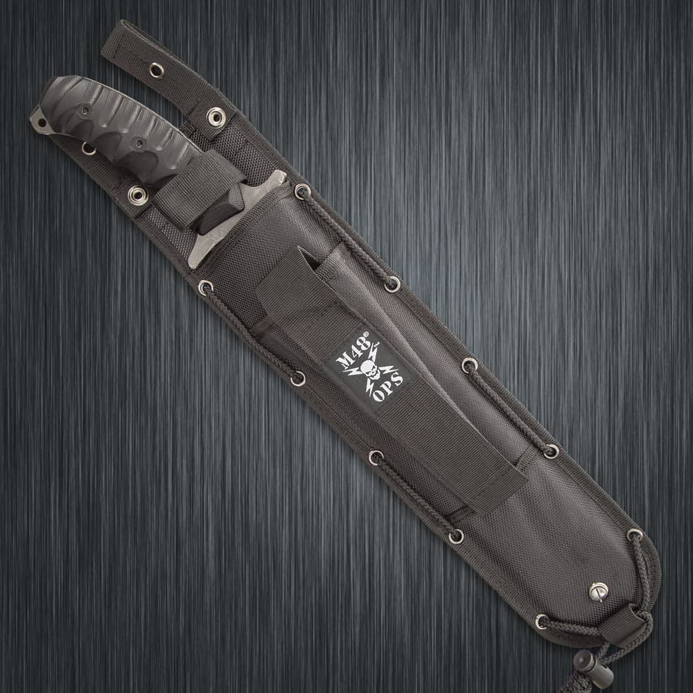 M48 combat machete enclosed in a black reinforced MOLLE sheath with "M48 Ops" logo printed in white. image number 1