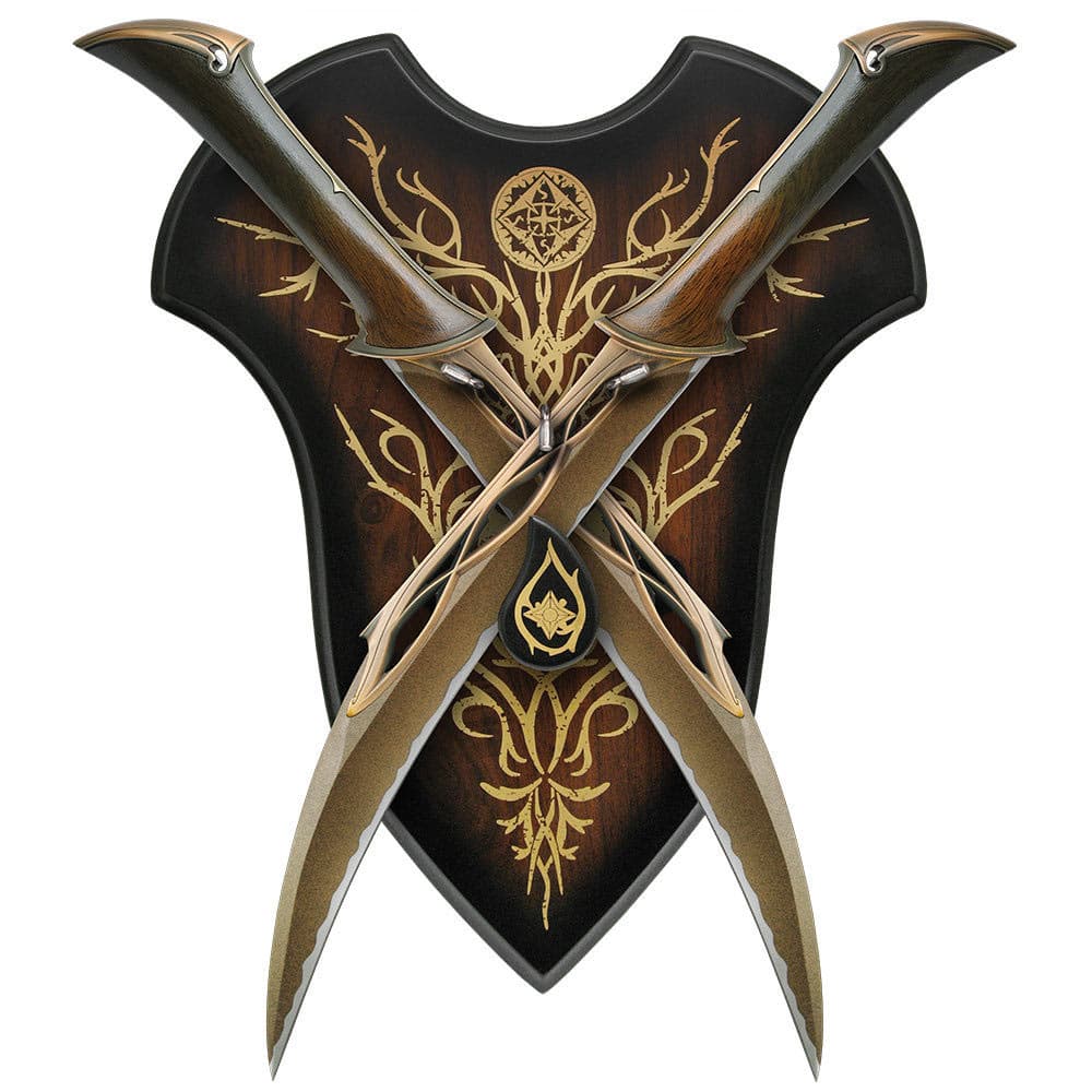 The wooden wall plaque has a decorative background and notch for holding the twin daggers. image number 1