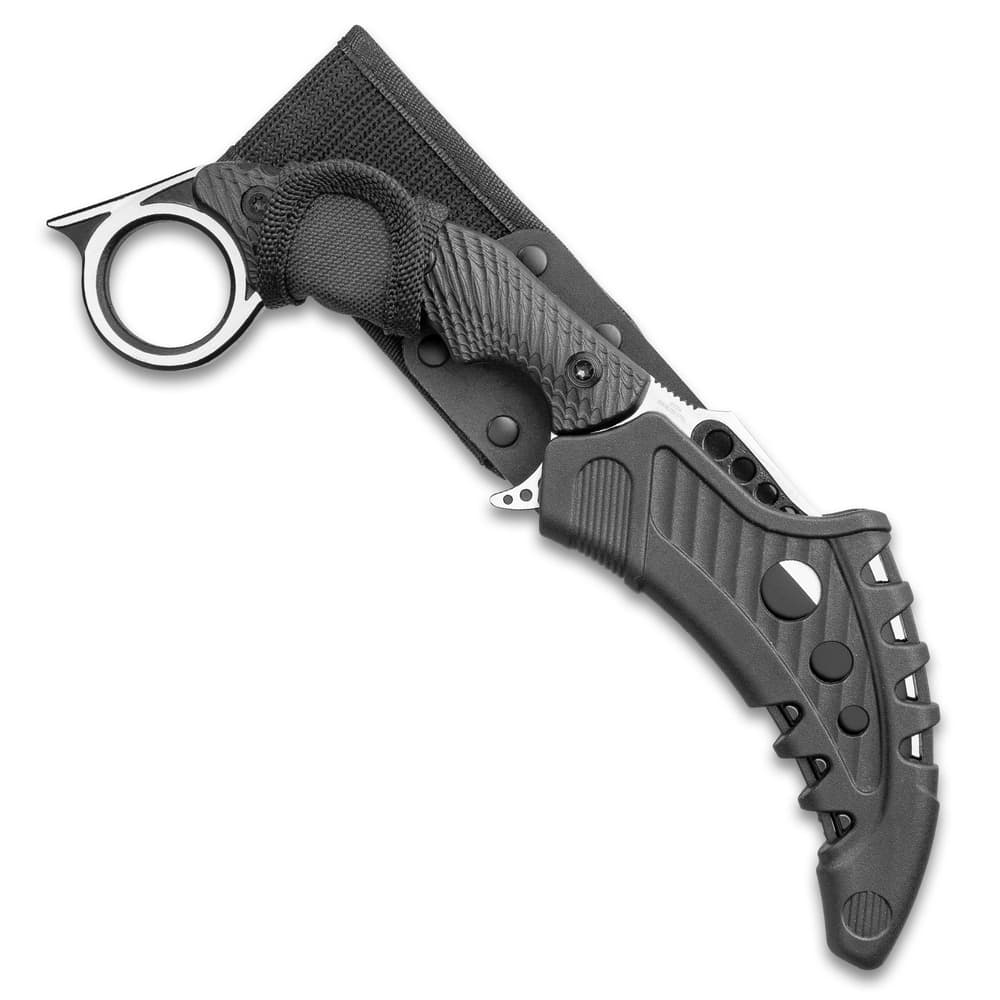 M48 Liberator Falcon Karambit Knife And Sheath - Cast Stainless Steel Blade, Black Oxide Coating, Injection Molded Nylon Handle - Length 10” image number 1
