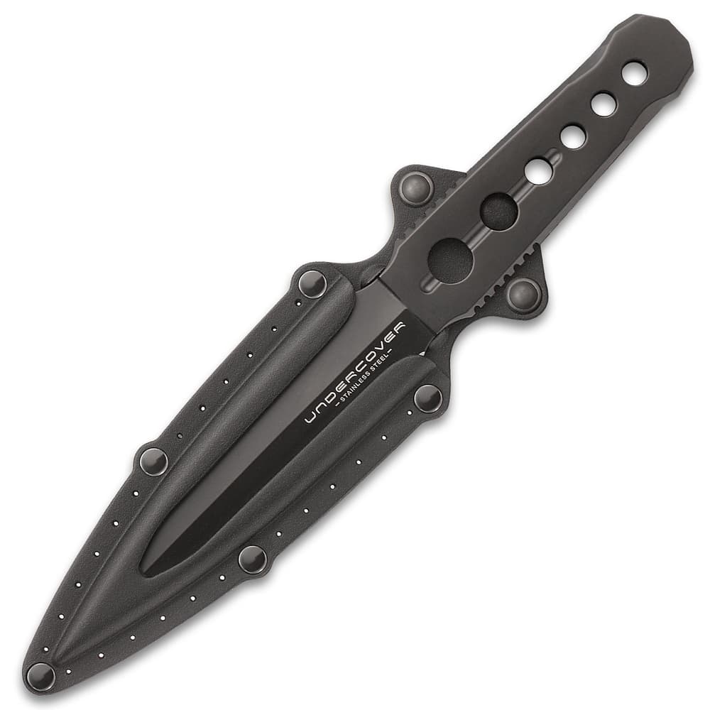 Undercover CIA Stinger Knife And Sheath - One-Piece 3Cr13 Steel Construction, Black Oxide Coating, Thru-Holes - Length 7 1/8” image number 1