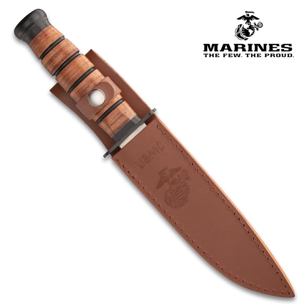 The 12 1/4” overall, tribute combat knife can be stored and carried comfortably in its premium leather belt sheath image number 1