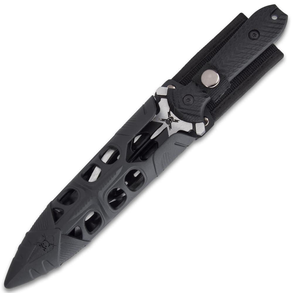This knife’s blade can be sheathed in its custom Vortec belt sheath that is virtually indestructible. image number 1