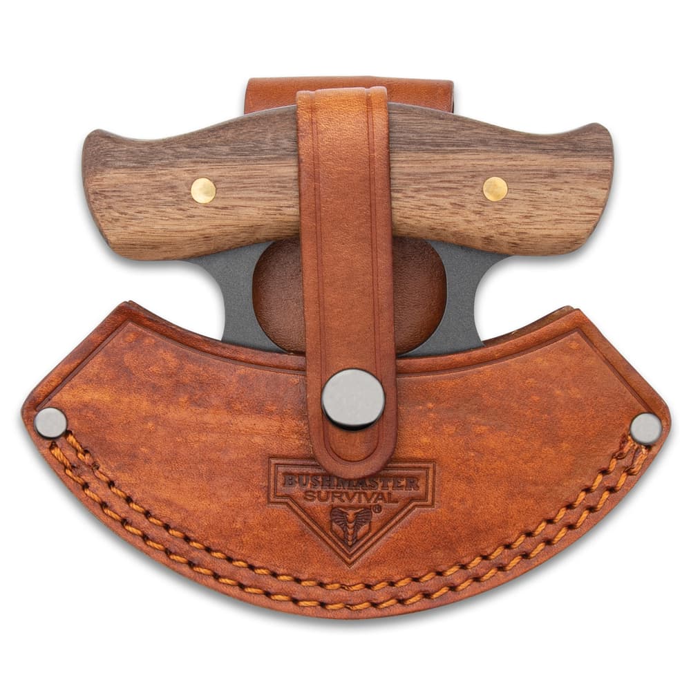 The 4 4/10” overall ulu knife can be conveniently carried and stored in its leather belt sheath with snap strap closure image number 1