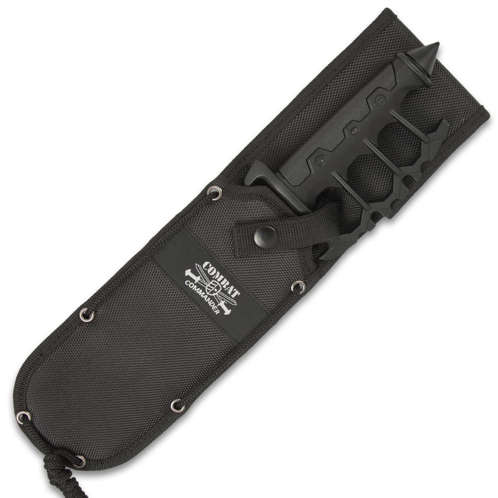 The 12 7/8” overall trench knife can be carried and stored in its tough nylon belt sheath with a lanyard cord for lashing image number 1