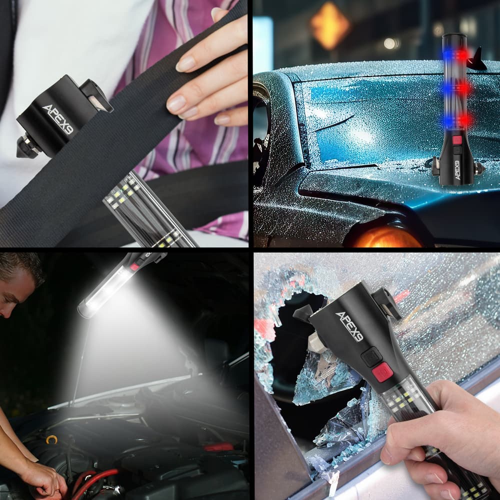 Multiple images showing the different tools and purposes of the Auto Escape Tool Emergency Flashlight. image number 1