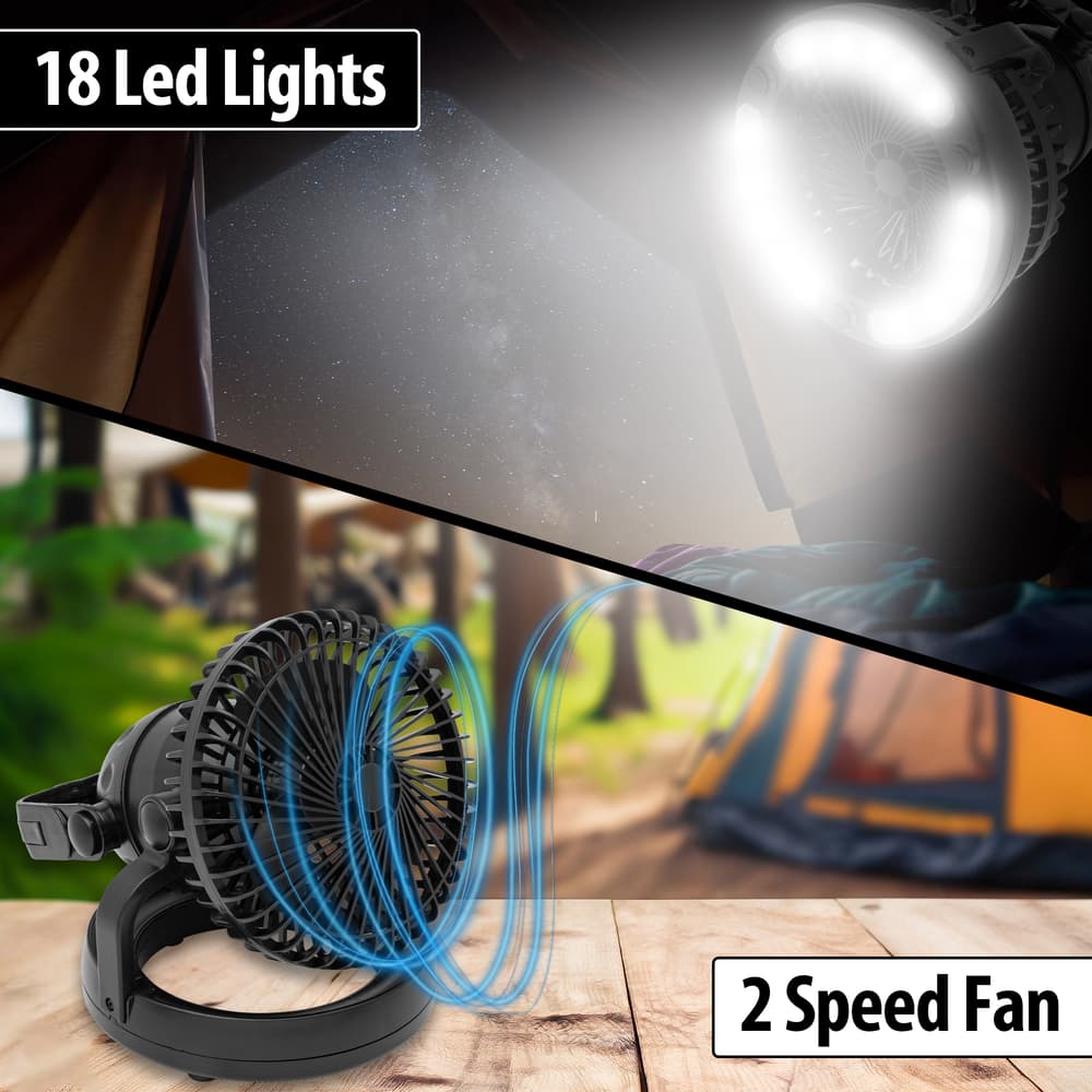 Multiple images showing the Camping Light And Fan light on and the light turned to the fan position. image number 1