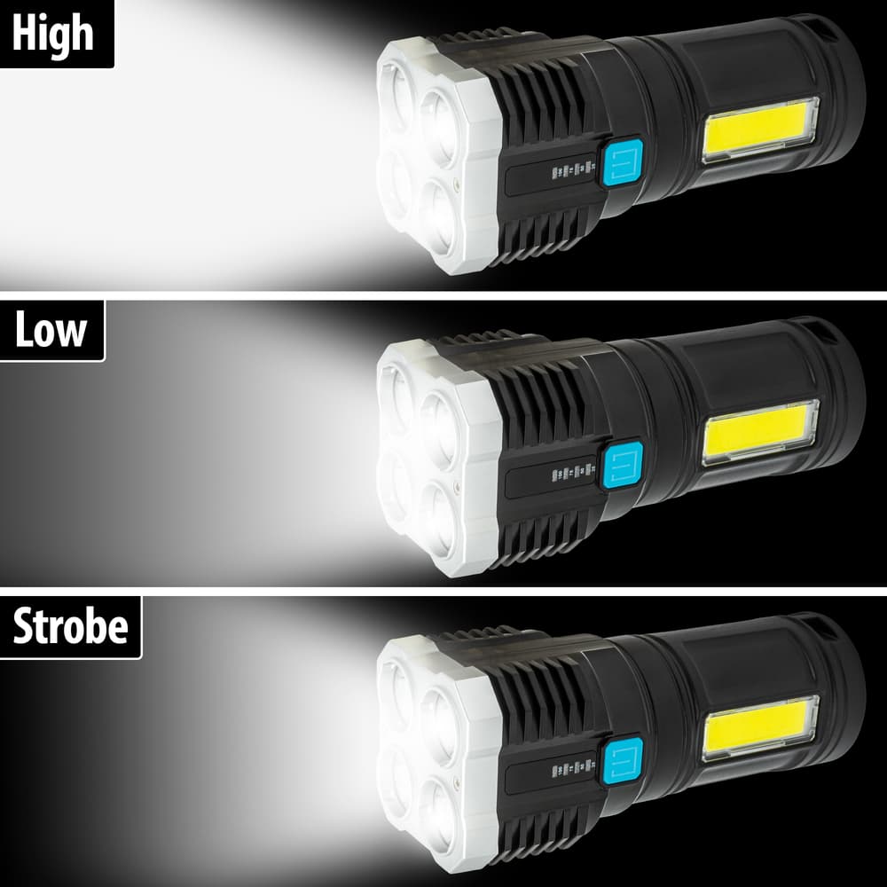 Full image showing the different lighting modes of the 4 Core Rechargeable Flashlight. image number 1