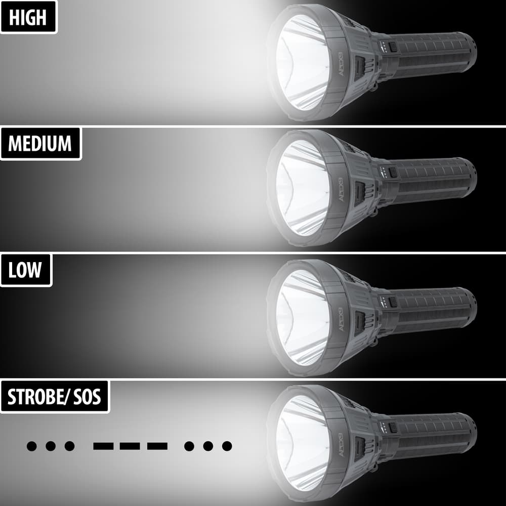 Full image showing different lighting modes of the Super Bright LED Spotlight Flashlight. image number 1