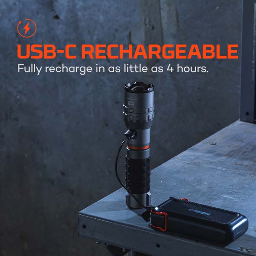 Full image showing the USB-C rechargeable aspect of the Nebo Slydeking 4K. image number 1