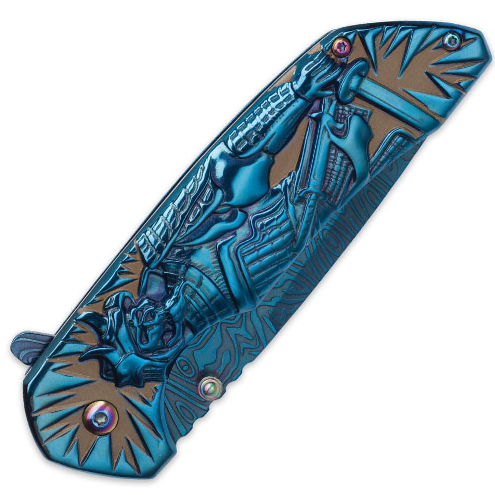 Shadow Warrior Assisted Opening Pocket Knife | DamascTec Steel Blade | Blue And Rainbow image number 1