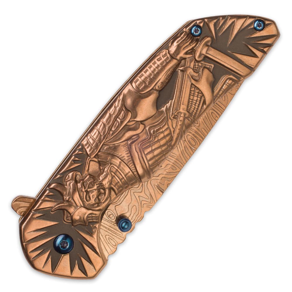Shadow Warrior Assisted Opening Pocket Knife | DamascTec Steel Blade | Gold And Blue image number 1