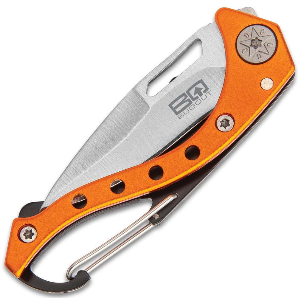 BugOut Carabiner Pocket Knife - Stainless Steel Locking Blade, Cast Aluminum And TPU Handle - Length 4 3/4” image number 1