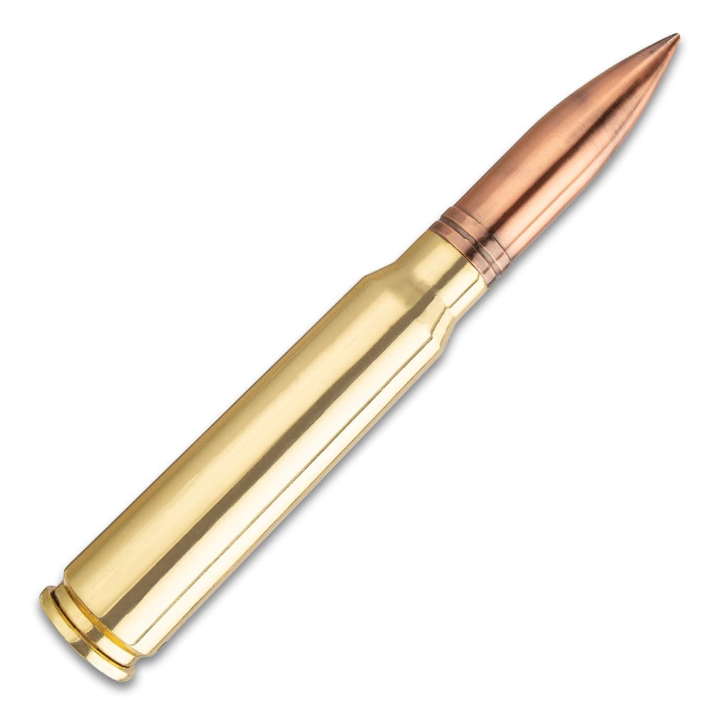 A-10 Warthog Bullet Pocket Knife - 30MM Caliber Round, Stainless Steel Blade, Antiqued Brass Case Construction - Length 19 1/2” image number 1
