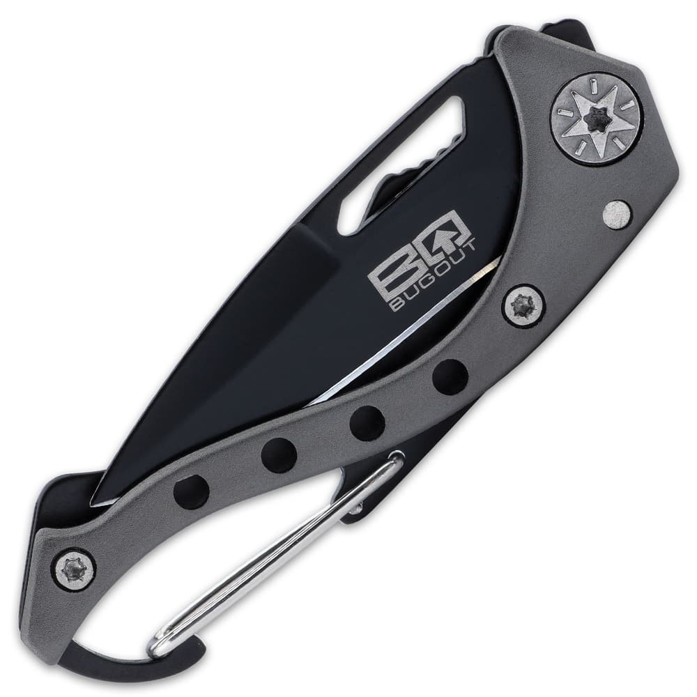 Full image of the BugOut Grey Carabiner Pocket Knife closed. image number 1