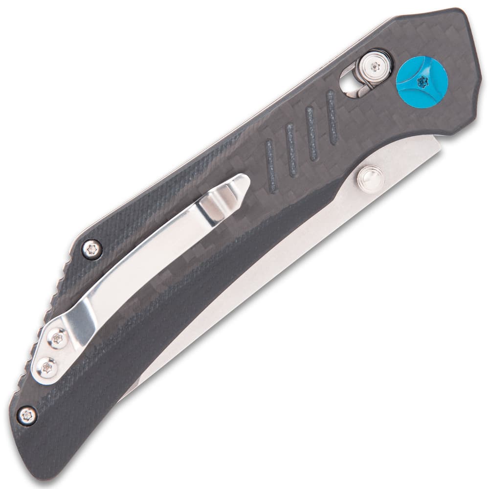 The pocket knife is 4 3/4”, when closed, and it has a sturdy metal pocket clip for ease of carry image number 1