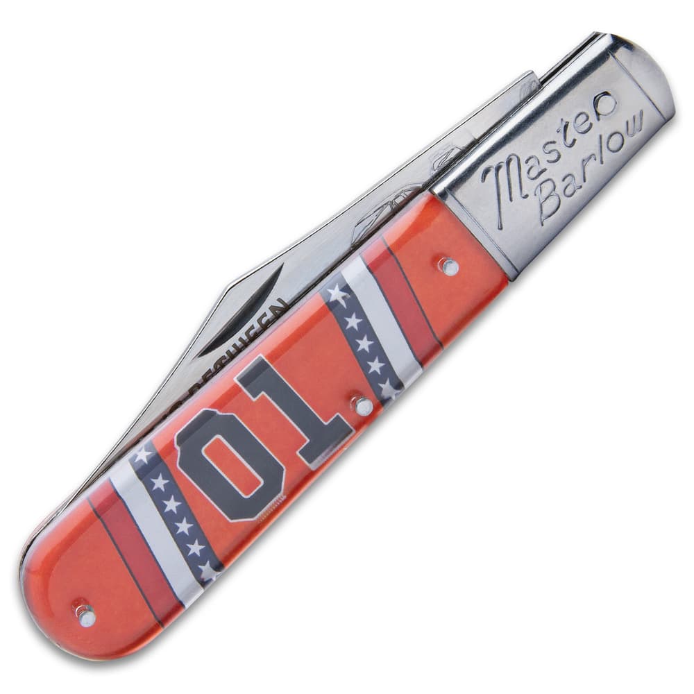 The barlow knife has an acrylic handle with General Lee artwork. image number 1