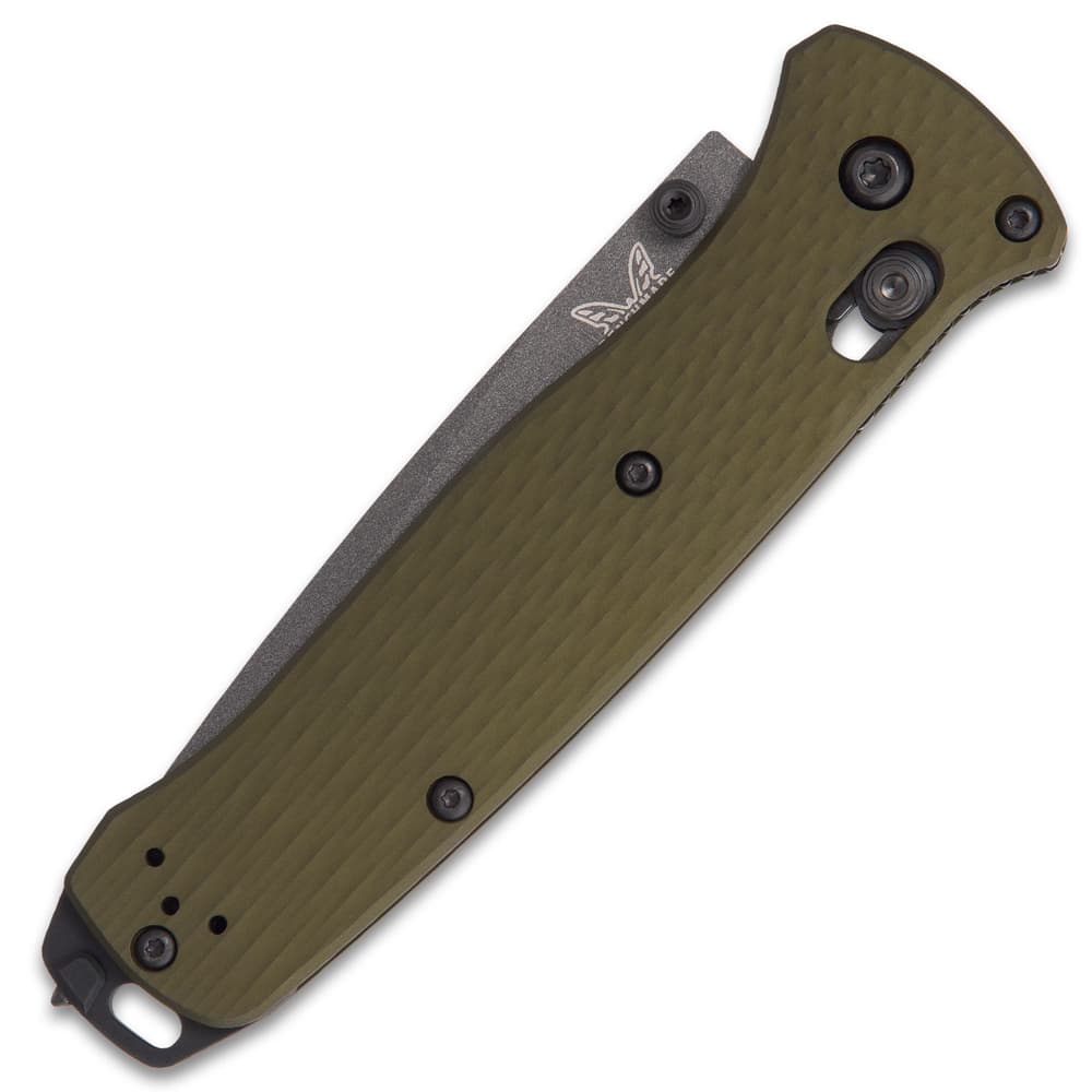 The 4 7 1/10” handle is made of anodized 6061-T6 aluminum in a woodland green and it features a glass breaker and clip image number 1