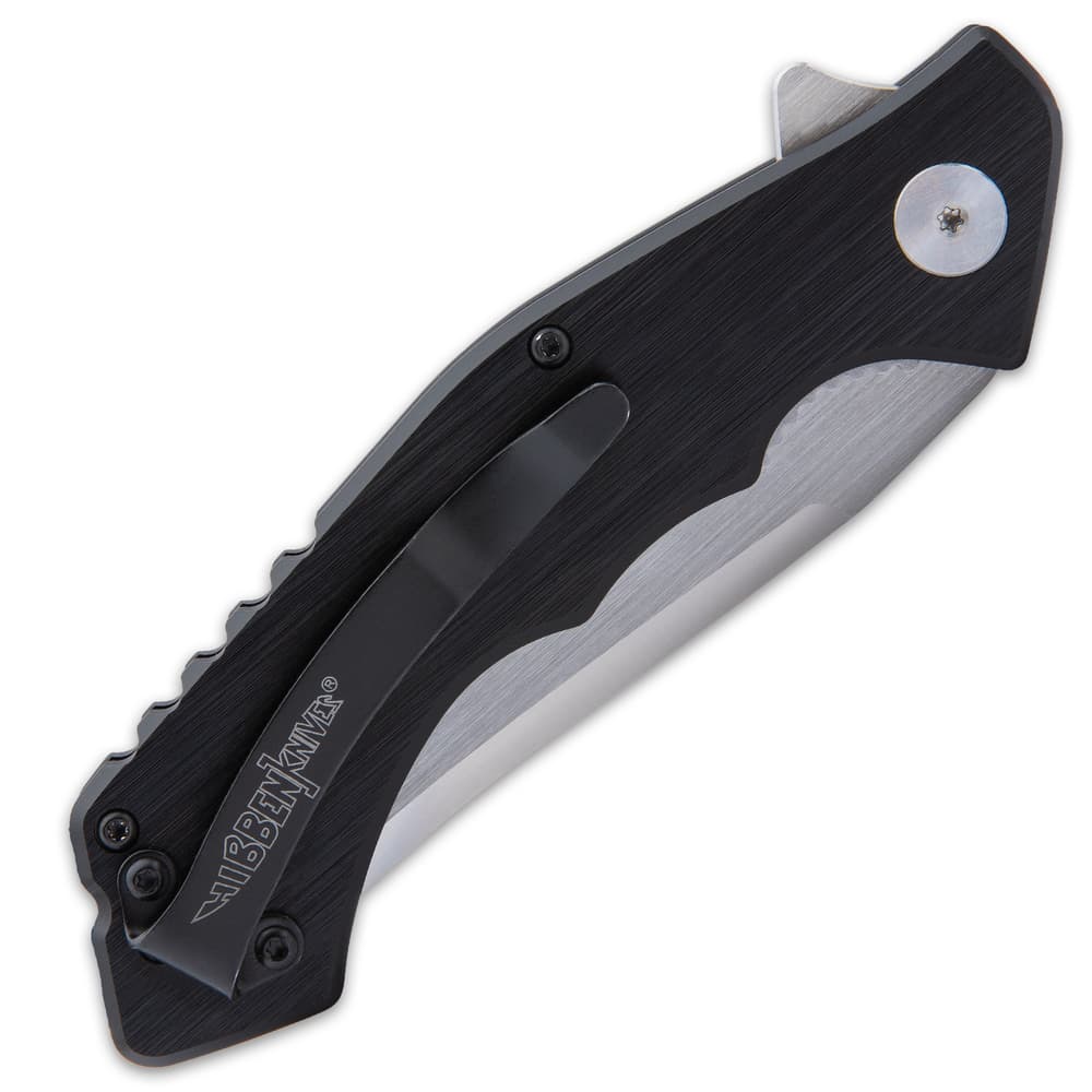 The pocket knife is 4 5/8”, when closed, 7 3/4” overall and it has a pocket clip that features the Hibben Knives logo image number 1