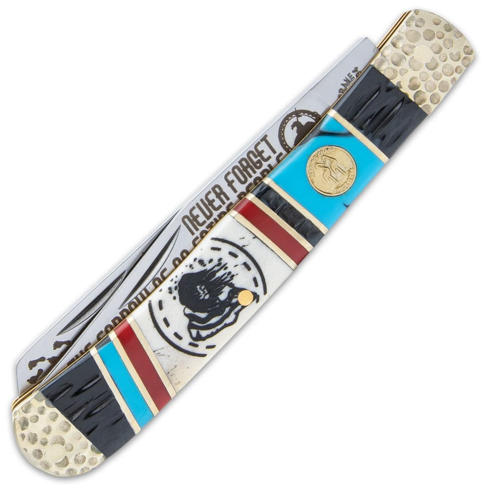 The handle has a white bone panel with a Native American woman carved into it, accented with turquoise and black jigged bone image number 1