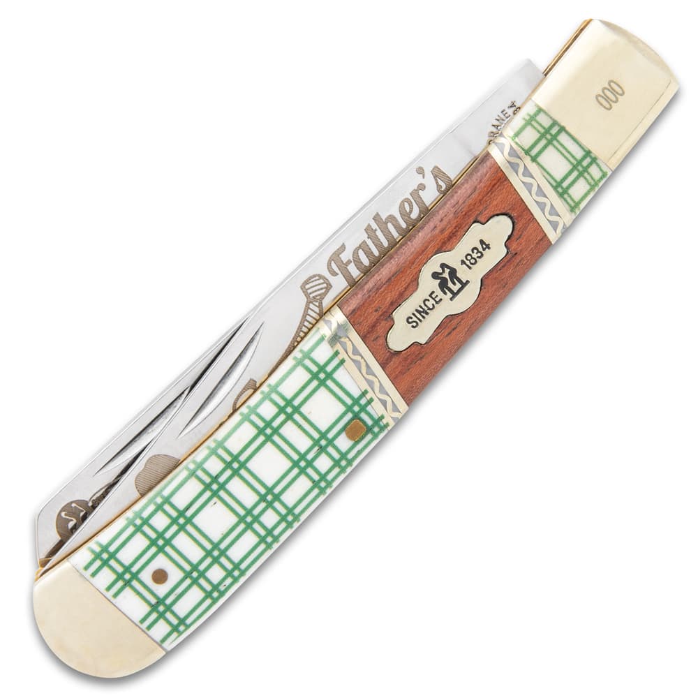 The handle scales are white bone with a green plaid etching and brown wood, complemented by nickel silver bolsters image number 1