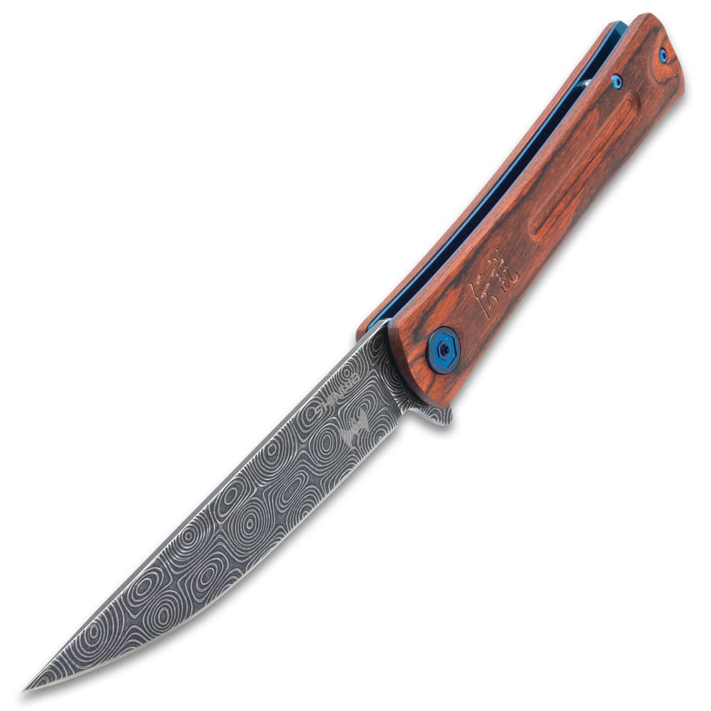 Extended slim pocket-knife displayed upright at an angle with a bloodwood handle, metallic blue accents, and a grey upswept blade with a raised raindrop pattern on a white background. image number 1