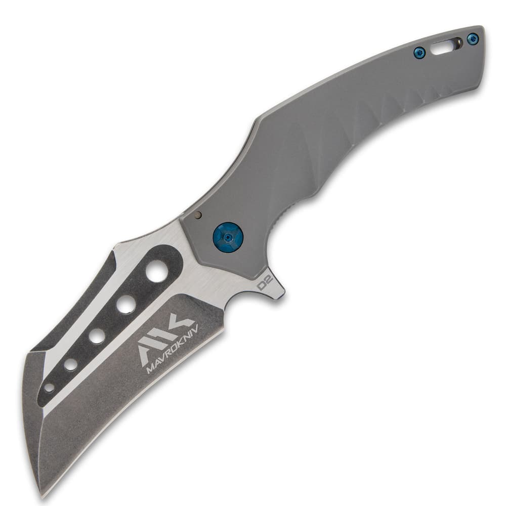 Hawk-bill style blade pocket knife with blue accents and "Mavrokniv" etching. image number 1
