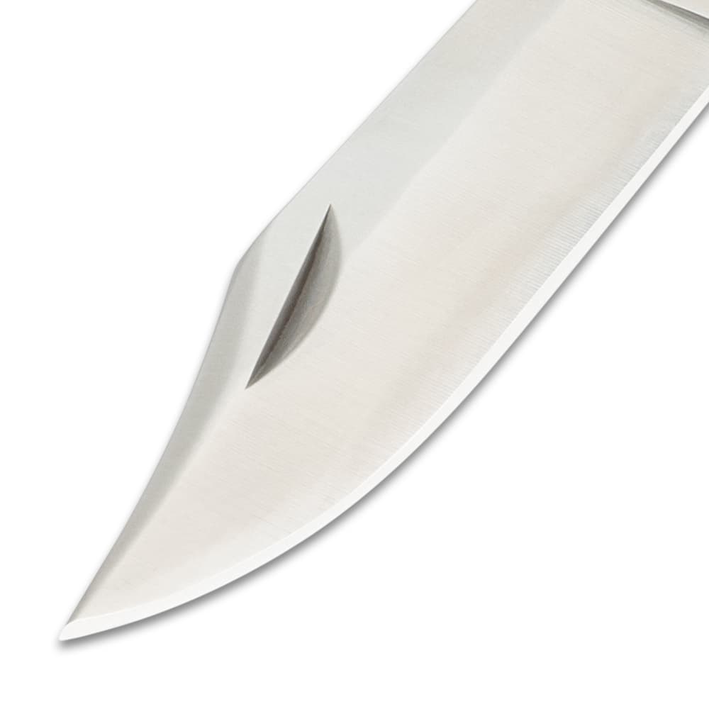 Close up image of the blade on the Automatic Brown Pocket Knife. image number 1