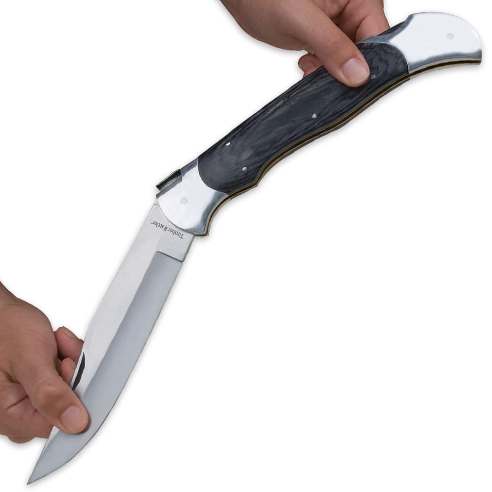 Timber Rattler Scarab Back Giant Lockback Pocket Knife - 8" Stainless Steel Blade, Genuine Pakkawood Scales - 17 3/4" Length image number 1