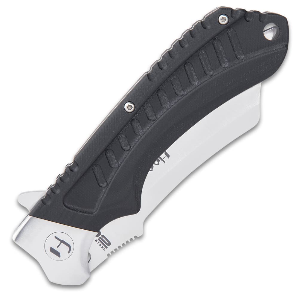 The knife has handle scales made of black G10 with deep ridges and a lanyard hole. image number 1