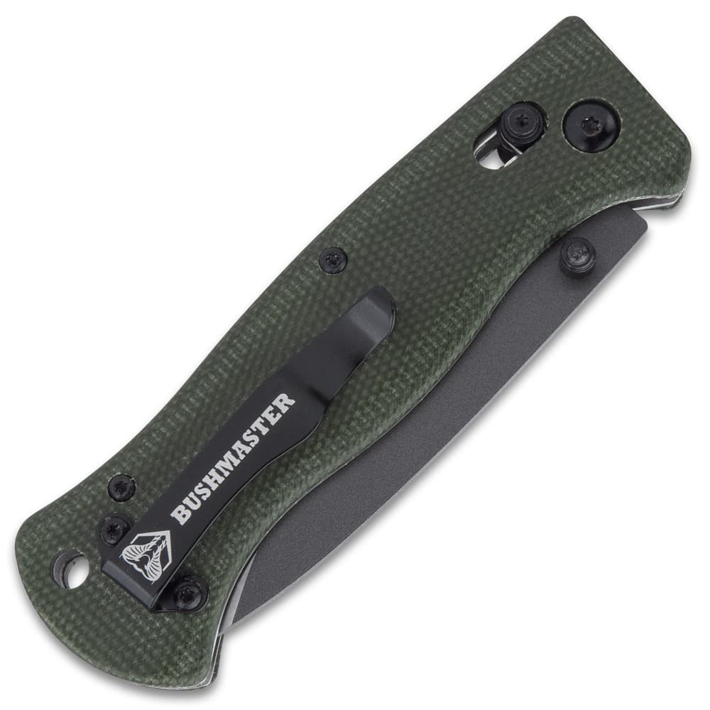 The Bushmaster Explorer Micarta Pocket Knife has a pocket clip. image number 1