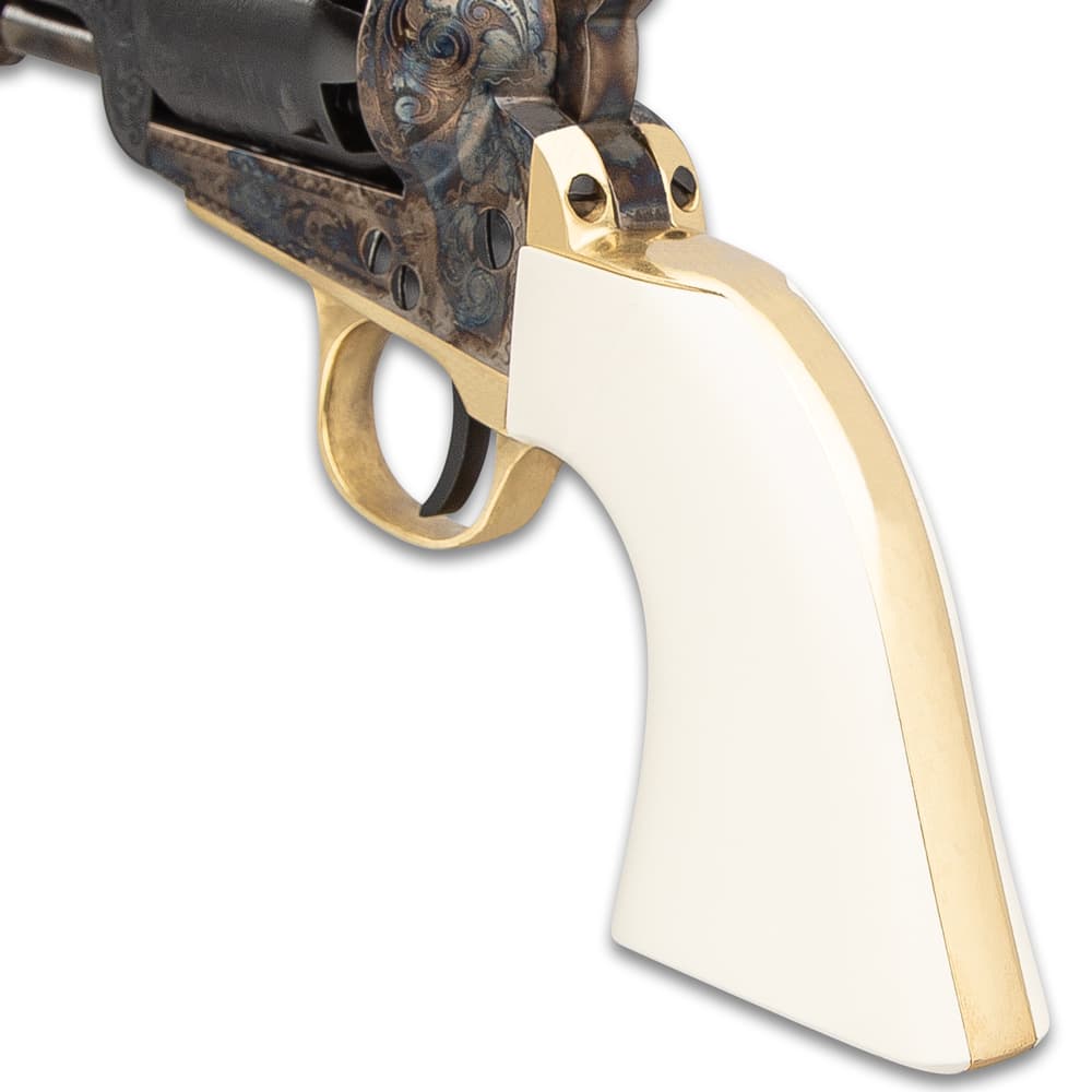 1851 Navy Deluxe Engraved Black Powder Pistol - .36 Caliber, Casehardened Steel Frame, Blued Barrel, Faux Ivory Grip - Barrel Length 7 1/2” image number 1