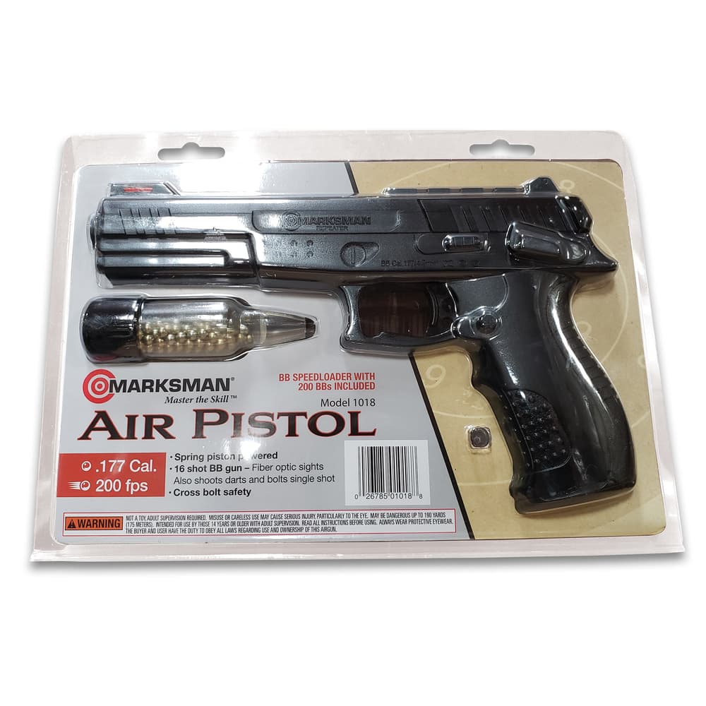 The 9” overall black polymer air pistol has a smooth bore barrel with front and back fiber optic sights and a cross-bolt safety. Included with air gun is a 200-round BB speed loader with BBs included image number 1