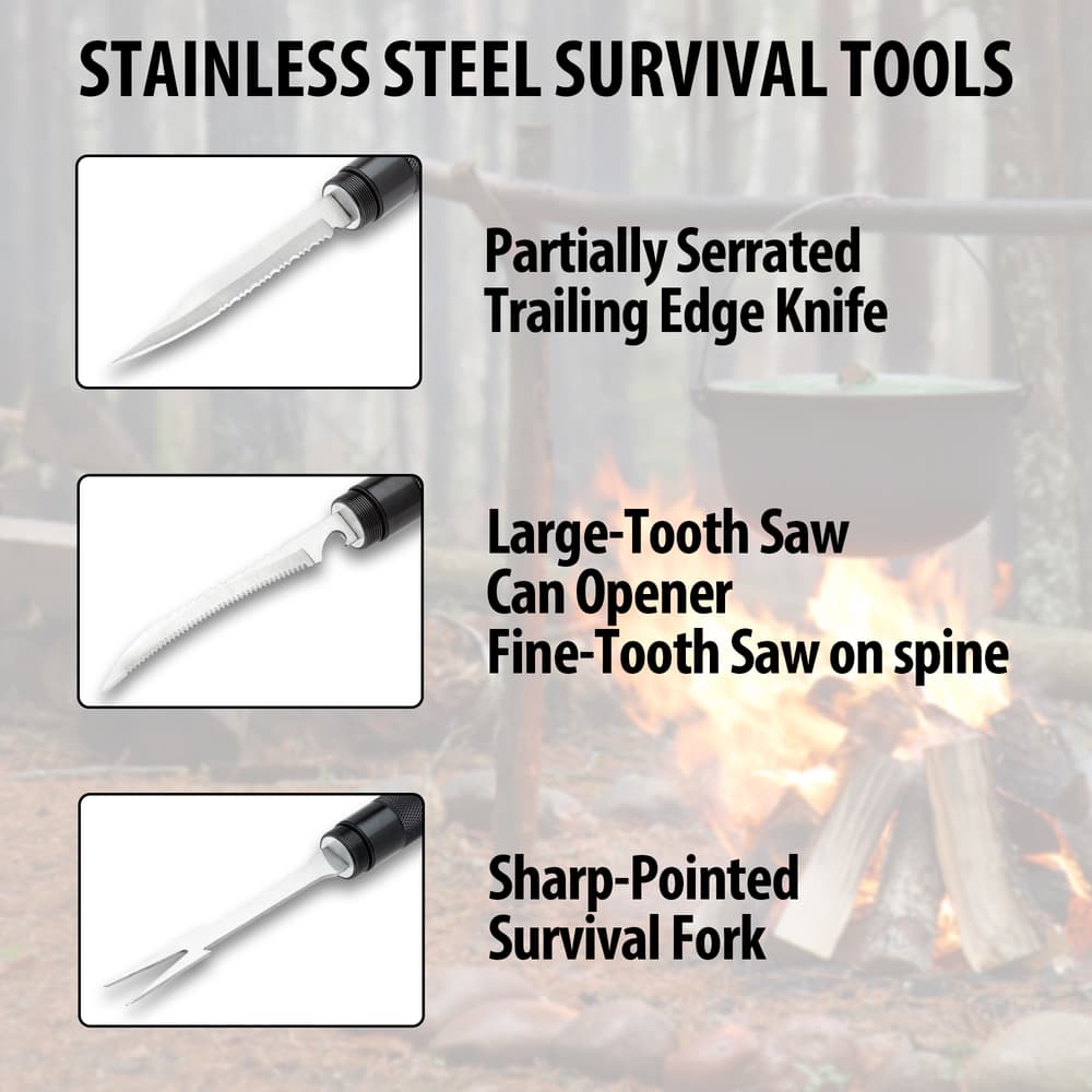 The survival tools integrated into the walking cane image number 1