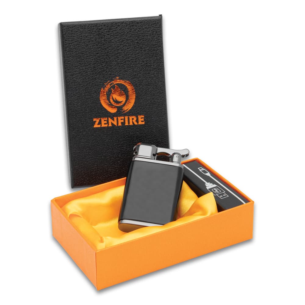 Full image of Double Arc USB Rechargeable Lighter propped up in its case. image number 1