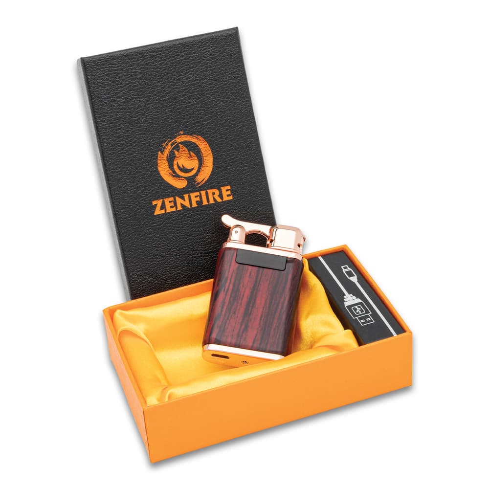 Full image of Double Arc USB Rechargeable Lighter propped up in its case. image number 1