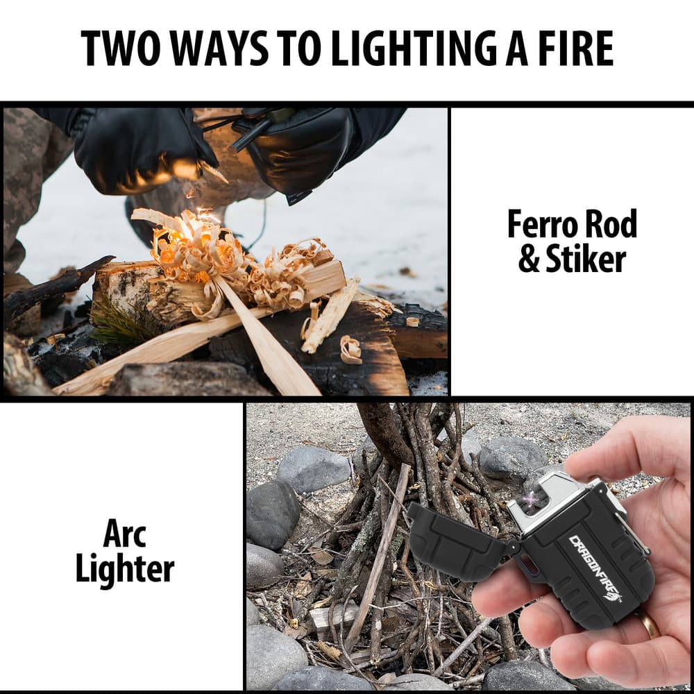 Full images showing the two ways to lighting a fire with the Fire Starter Kit. image number 1