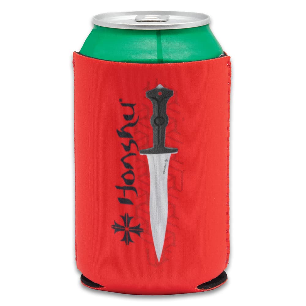 A can is shown inside a red koozie printed with black “HONSHU” logo and image of a dagger with black handle. image number 1