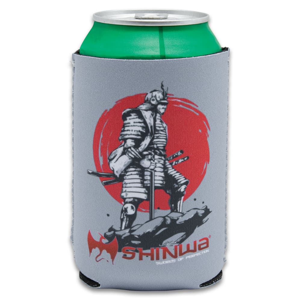 A can is shown inside a gray koozie printed with red “SHINWA” logo beneath the image of a samurai warrior in front of a red sun. image number 1